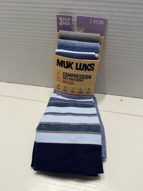 Muk Luks Men's Striped Knee-High Compression Socks in Blue & Gray - 3 Pack